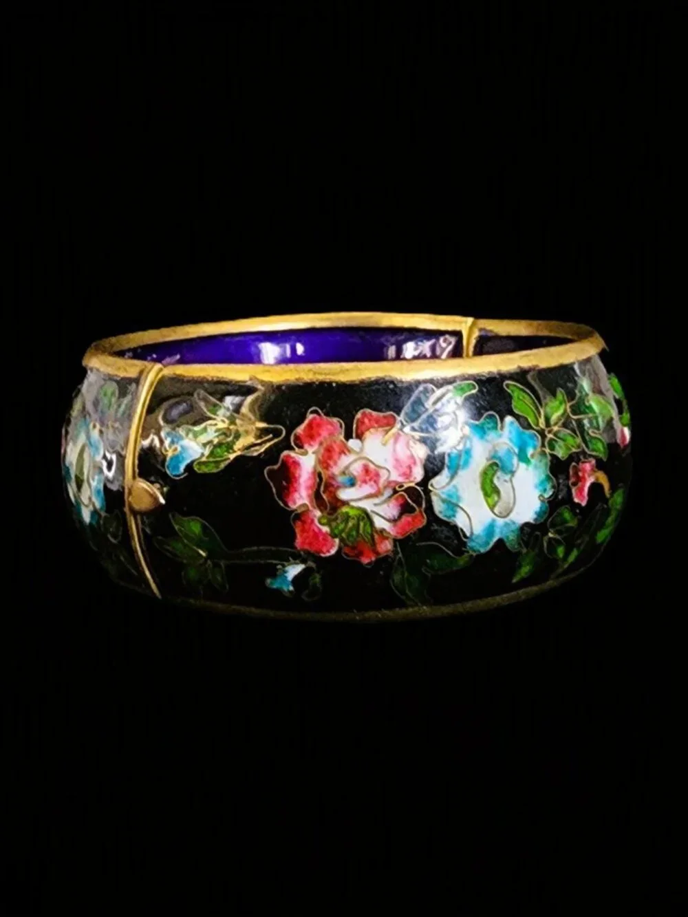 Vtg 60s Chunky Cloisonne Hinged Bangle Bracelet Heavy Brass Black Enamel 1.25